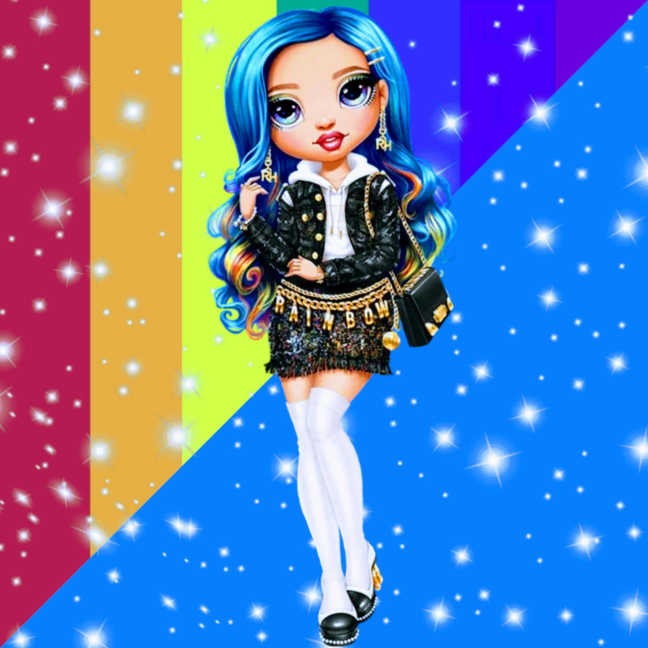 A Girl With Blue Hair And A Rainbow Background Background