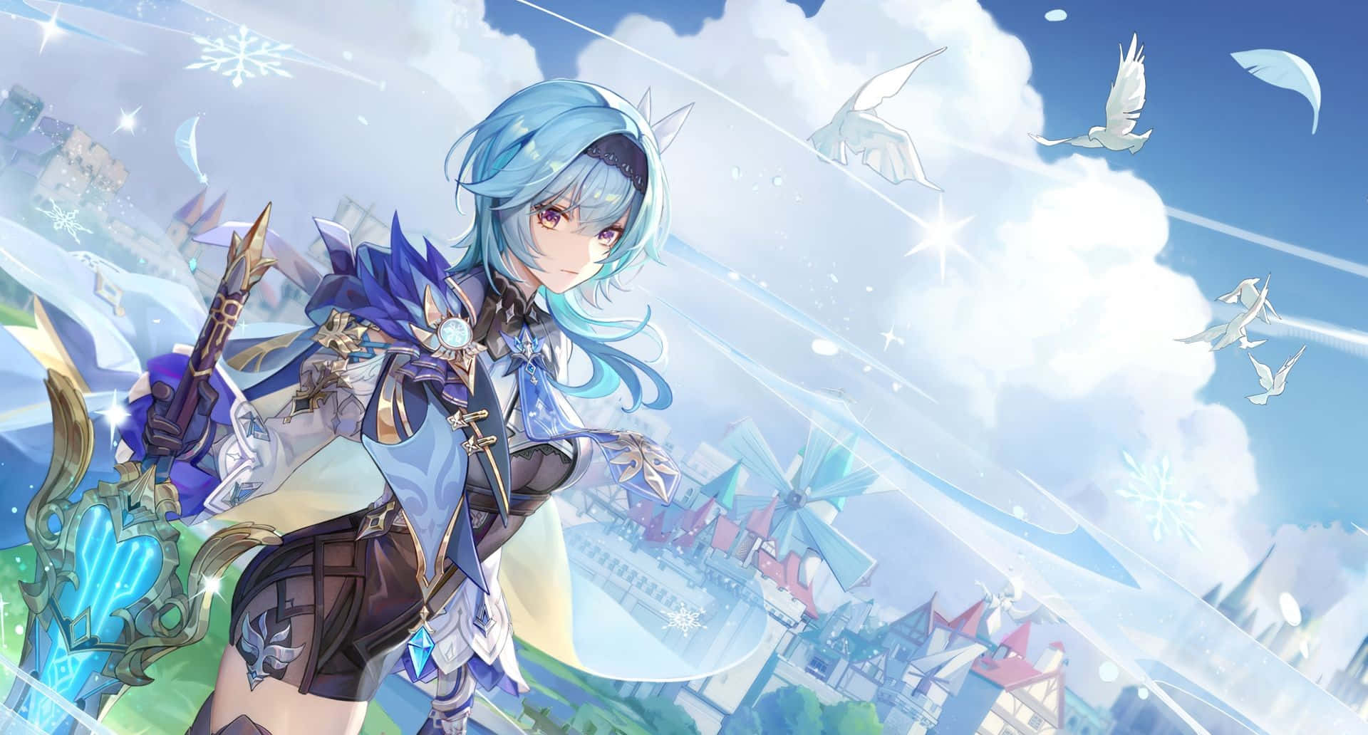 A Girl With Blue Hair And A Sword In The Sky Background