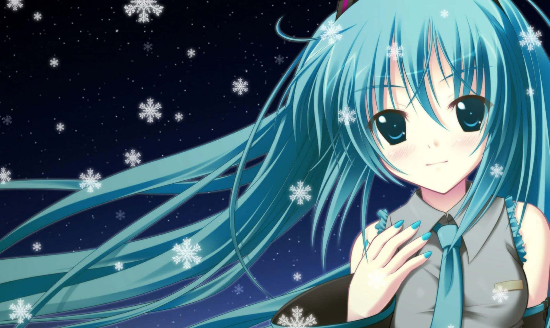 A Girl With Blue Hair And A Tie Is Standing In The Snow Background