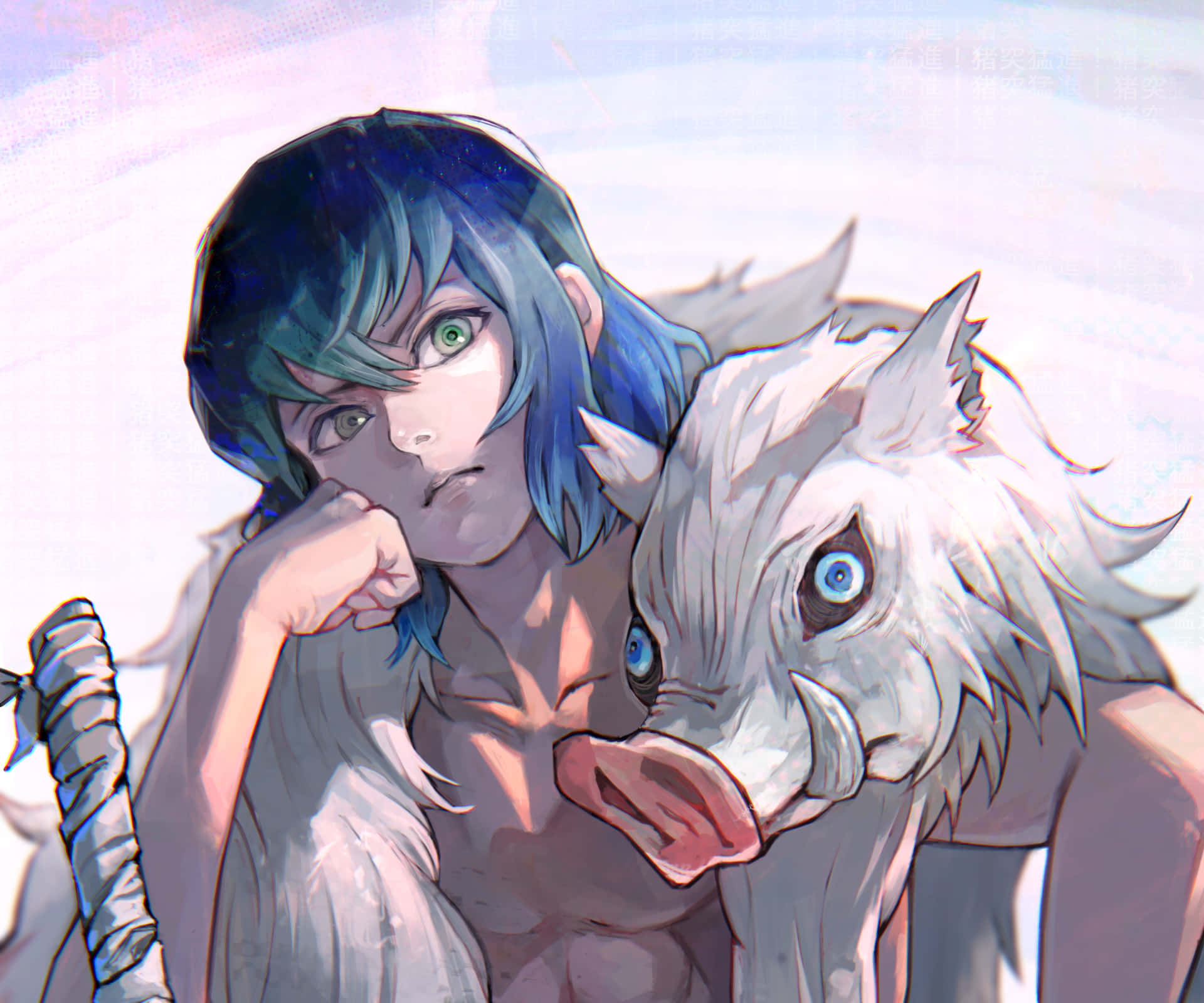 A Girl With Blue Hair And A Wolf Background