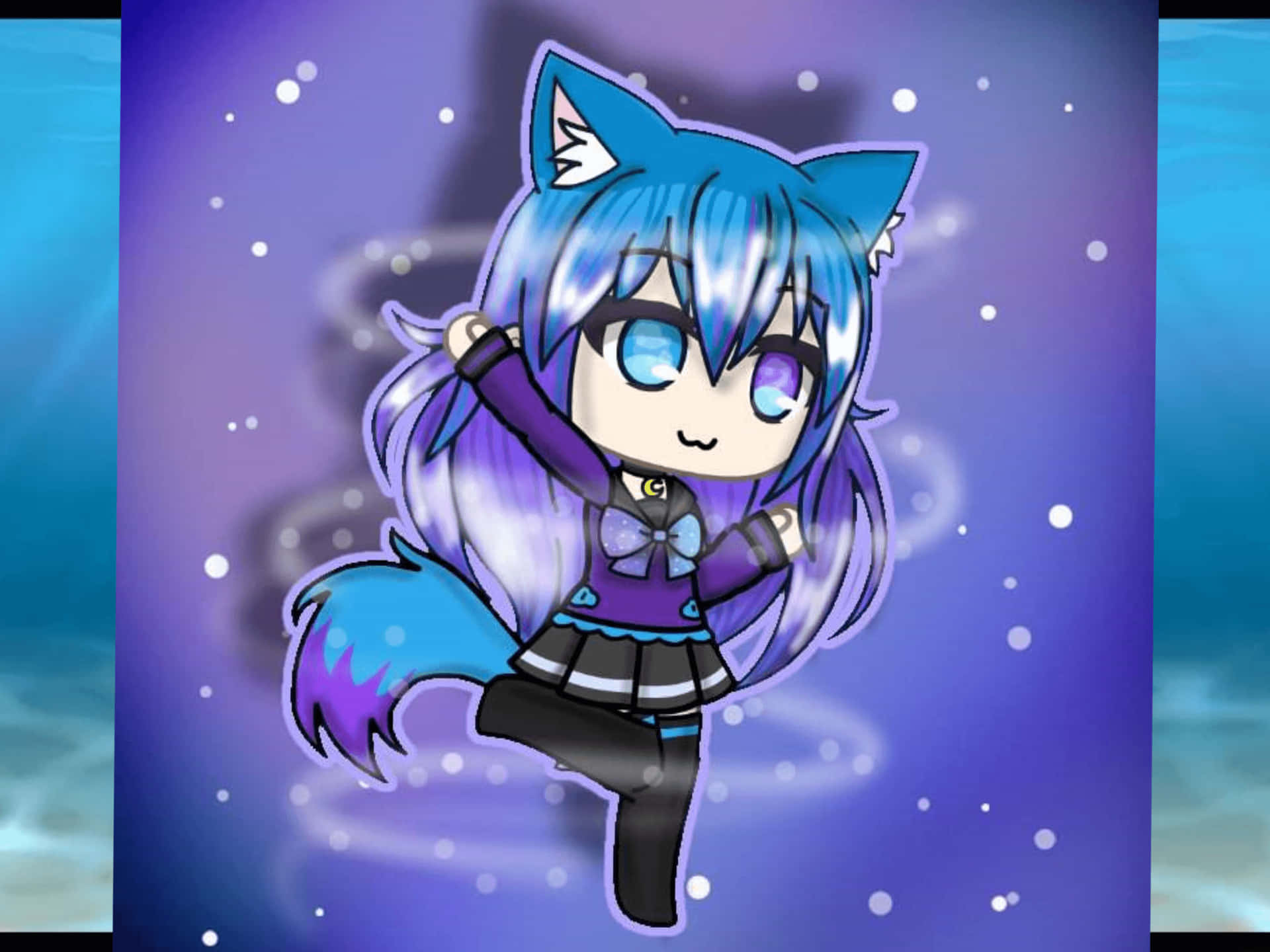 A Girl With Blue Hair And Blue Eyes Is Standing In The Air Background