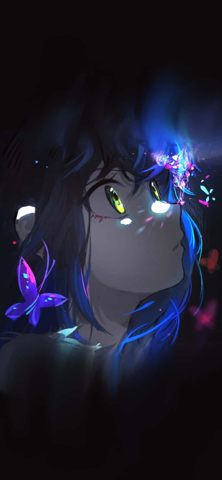 A Girl With Blue Hair And Butterflies On Her Face Background