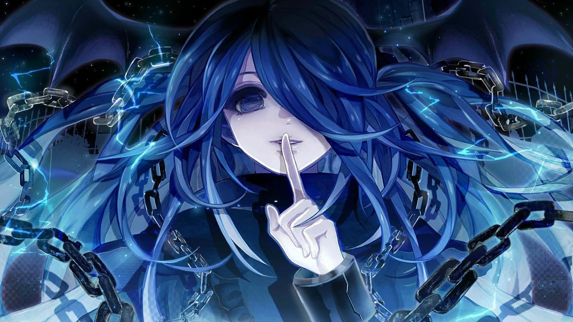 A Girl With Blue Hair And Chains Holding Her Finger Background