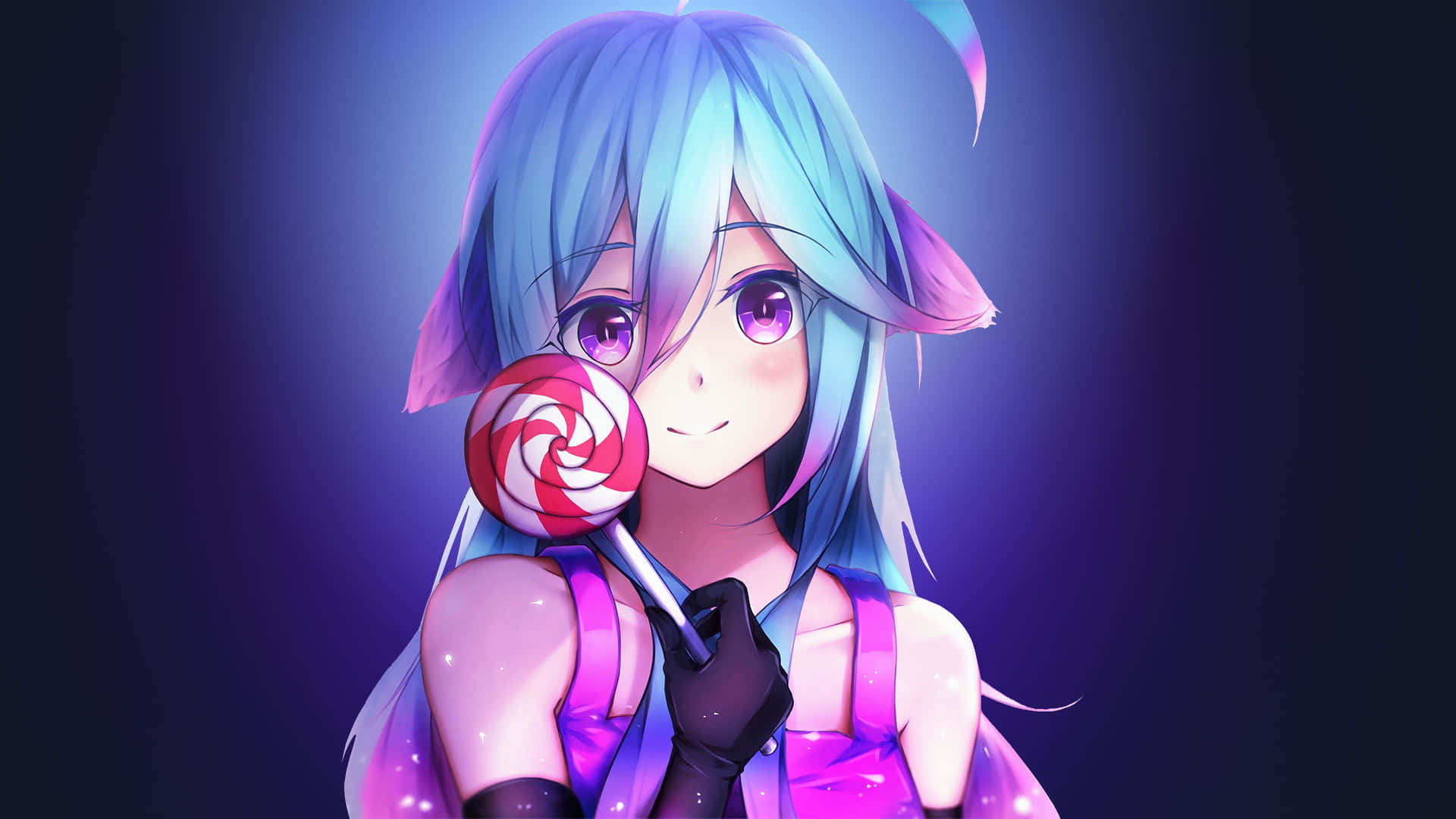 A Girl With Blue Hair And Purple Eyes Holding A Lollipop Background