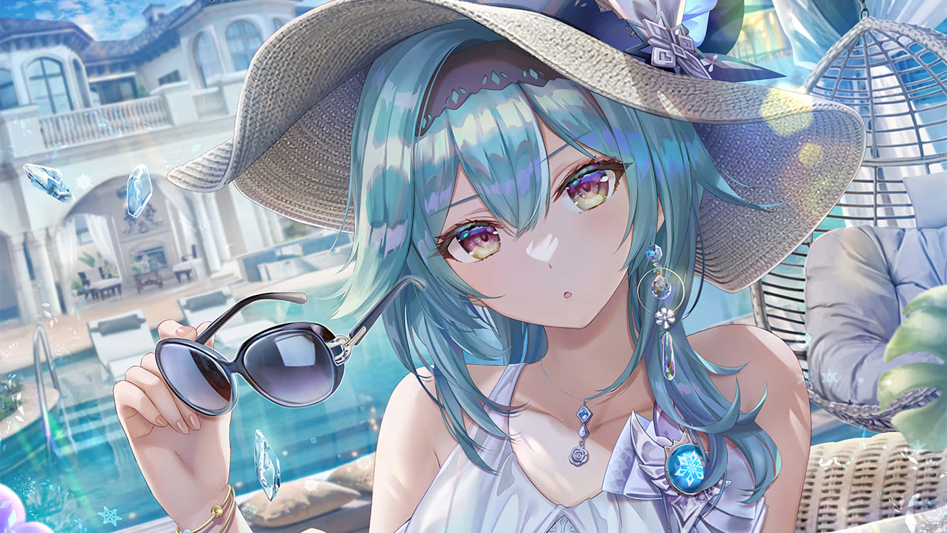 A Girl With Blue Hair And Sunglasses Is Holding A Hat Background