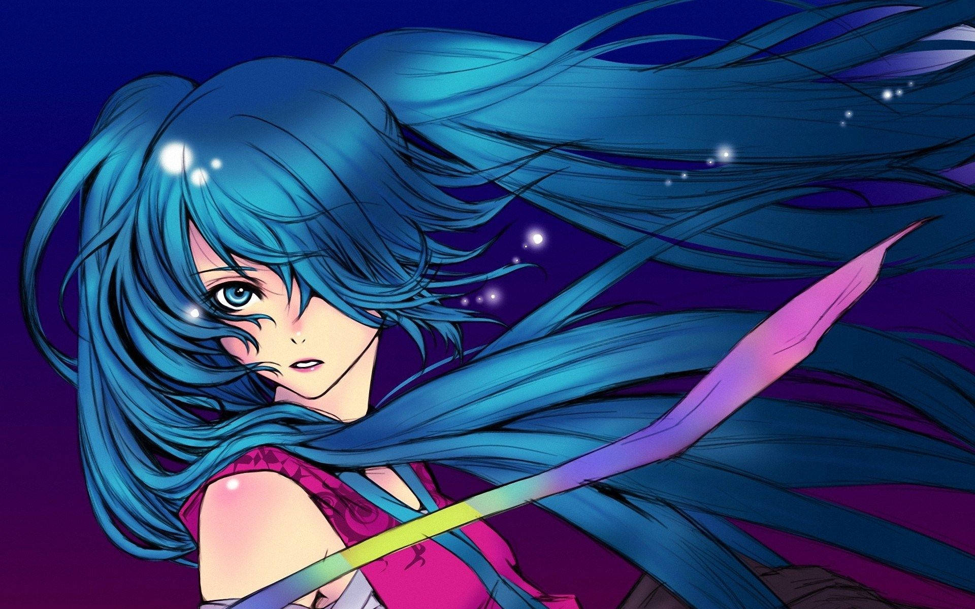 A Girl With Blue Hair Holding A Sword Background