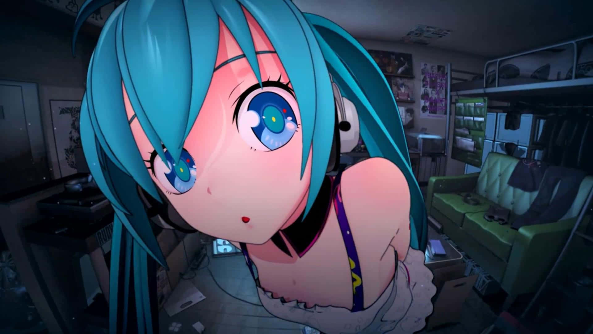 A Girl With Blue Hair Is Looking At Something Background