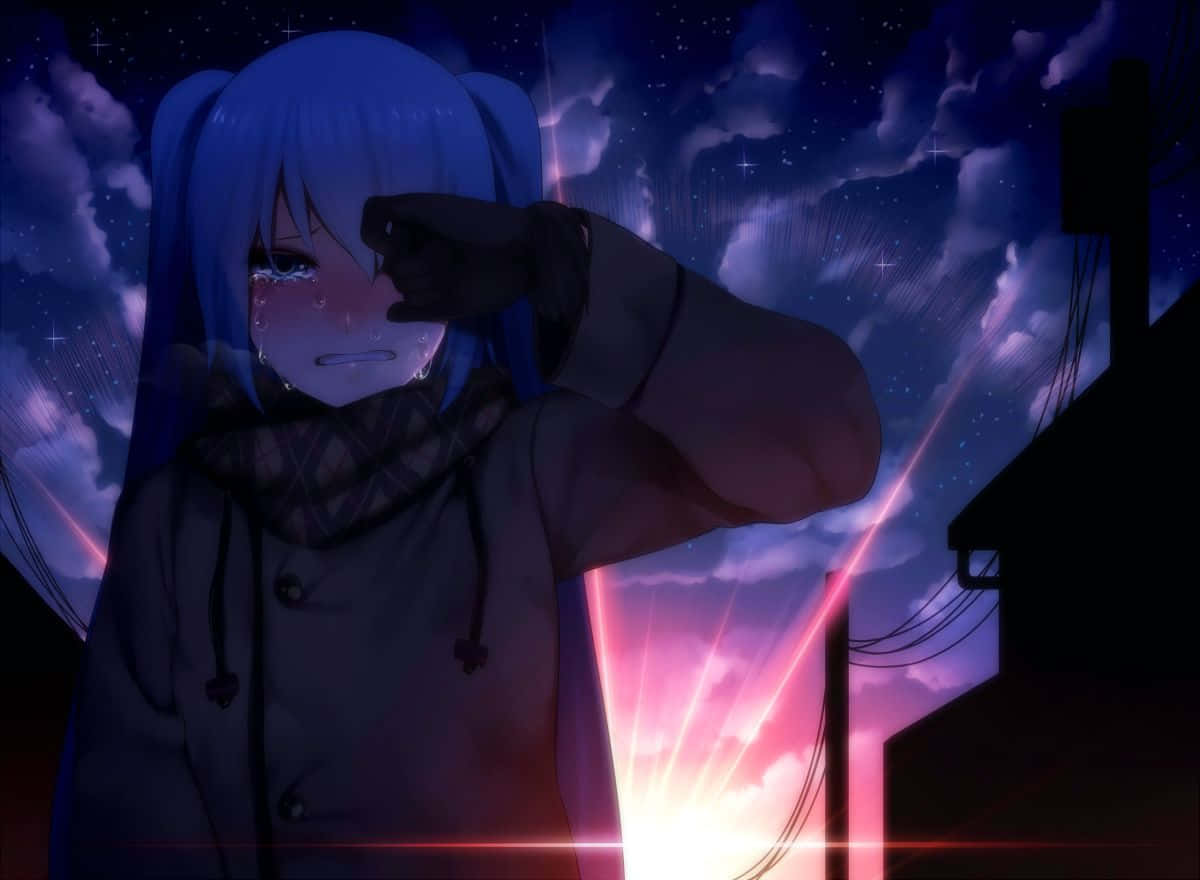 A Girl With Blue Hair Is Standing In Front Of A Building Background