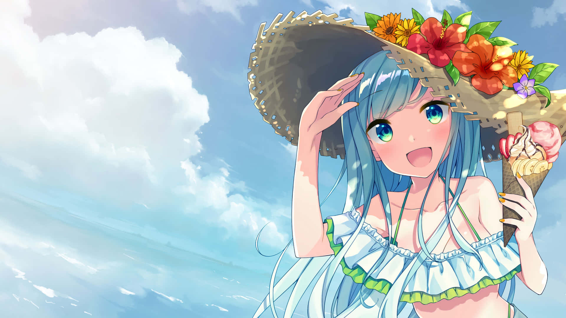 A Girl With Blue Hair Wearing A Hat And A Straw Hat