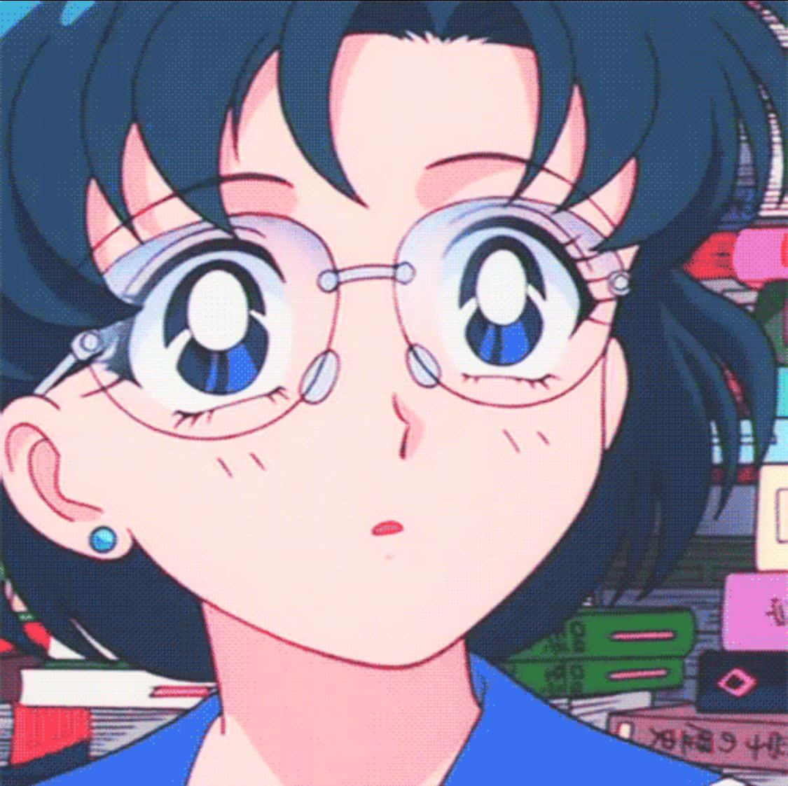 A Girl With Glasses In Front Of A Book Shelf