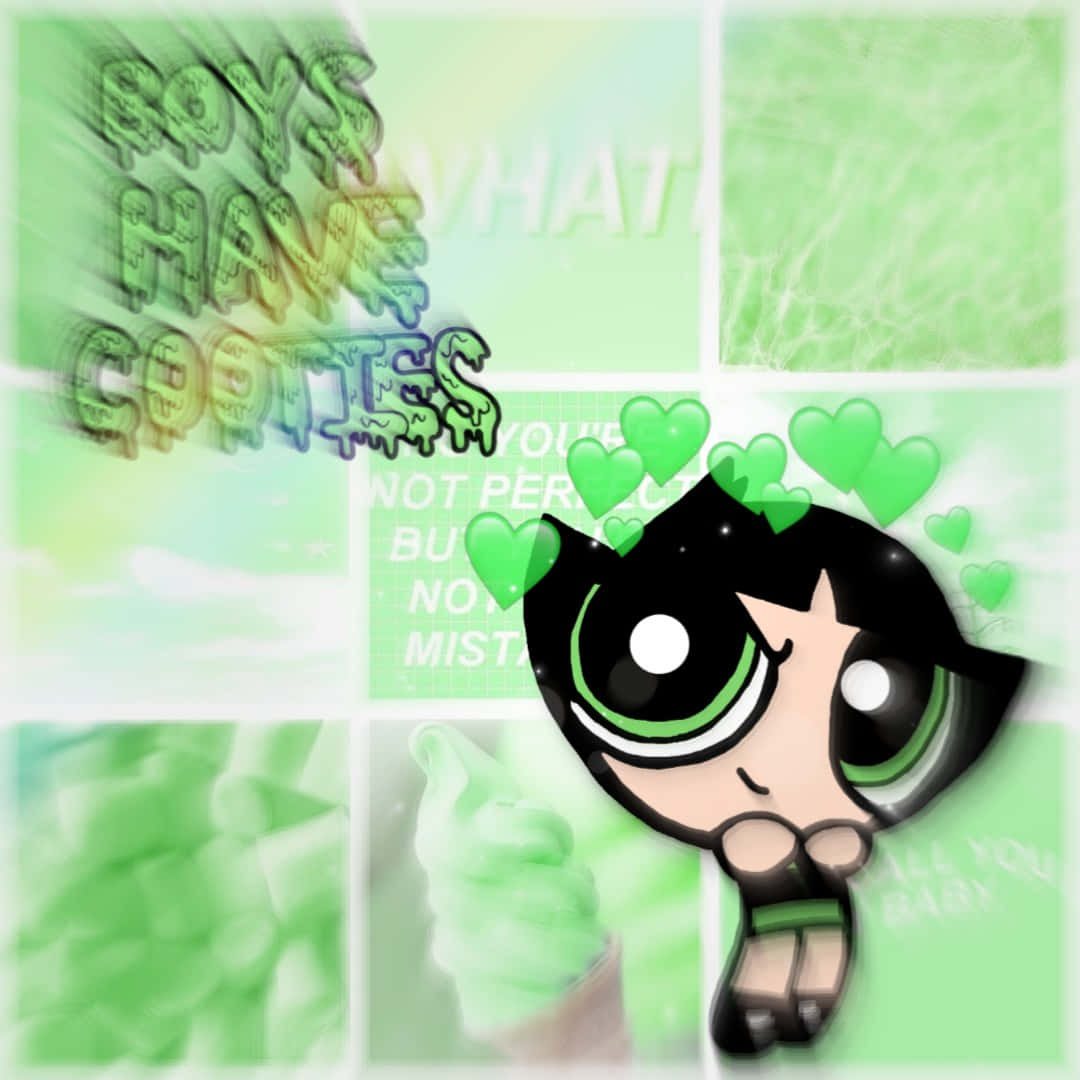 A Girl With Green Hair And Hearts On Her Face Background