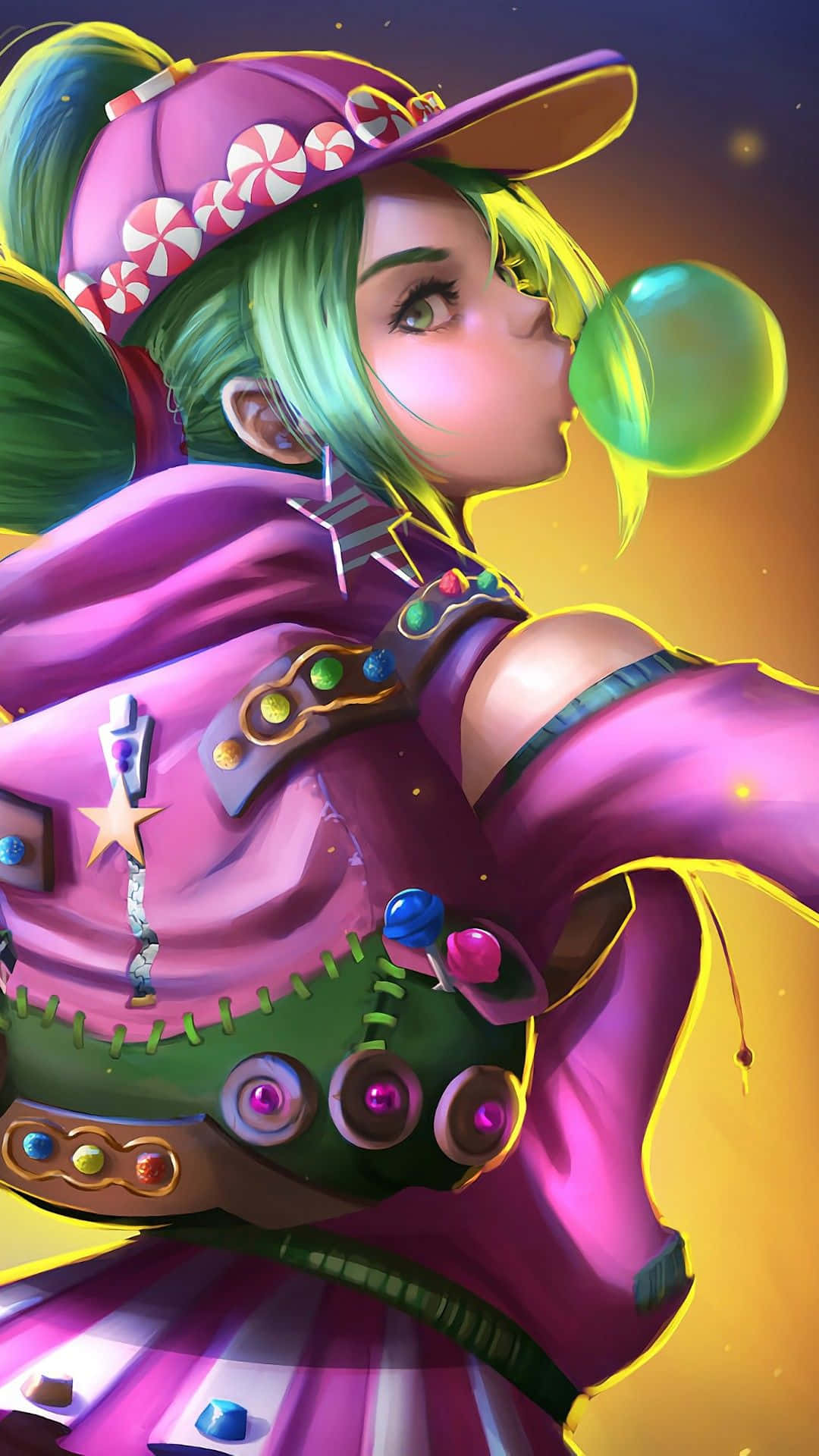 A Girl With Green Hair Blowing Bubbles Background