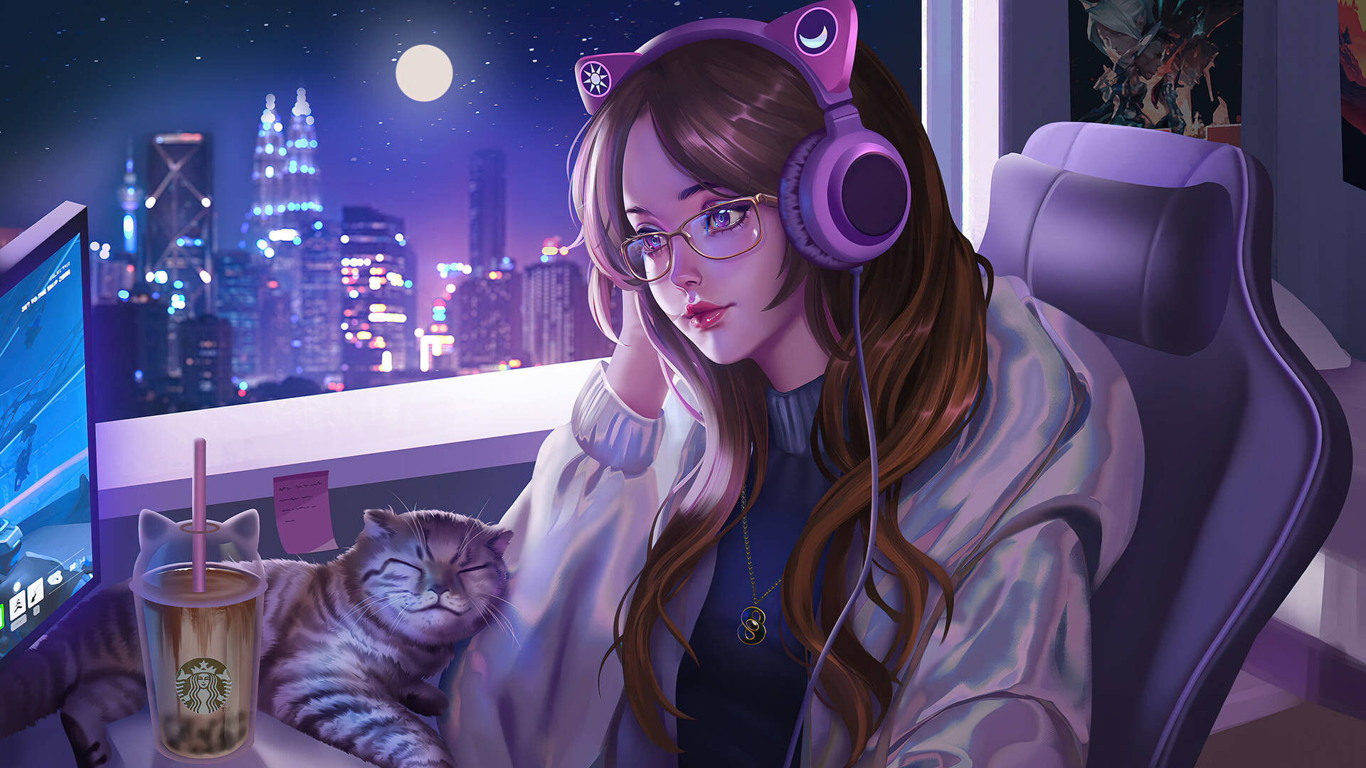 A Girl With Headphones And A Cat Sitting In Front Of A Computer Background