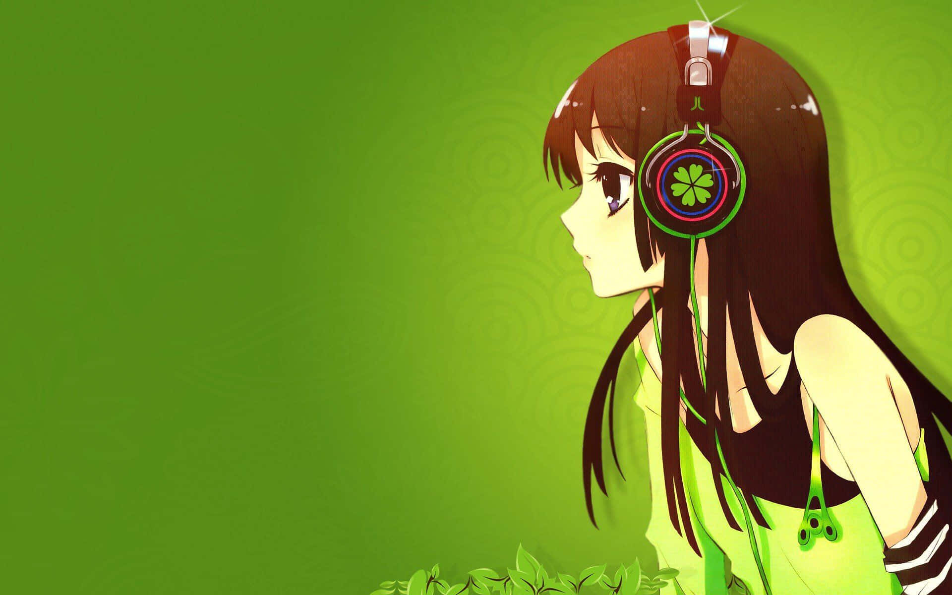 A Girl With Headphones On Is Sitting In Front Of A Green Background Background