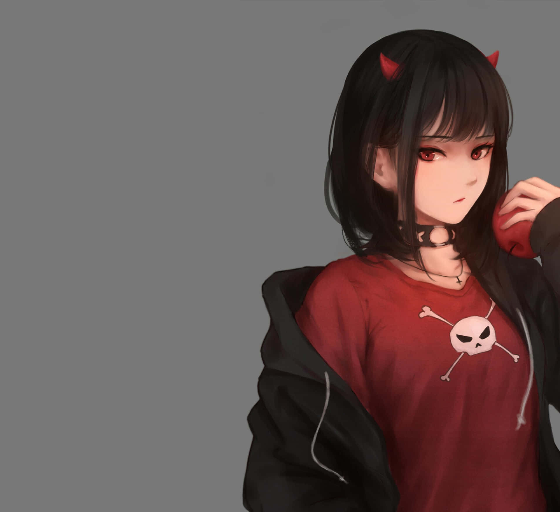 A Girl With Horns And A Red Apple Background