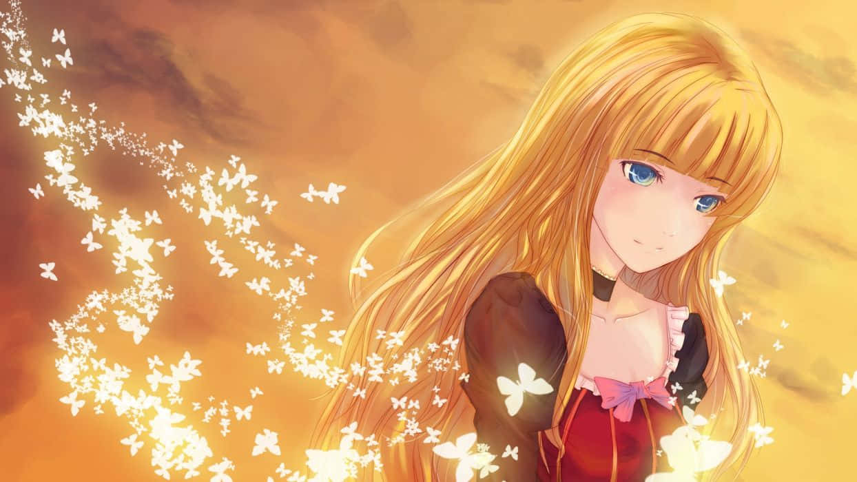 A Girl With Long Blonde Hair And Blue Eyes Background