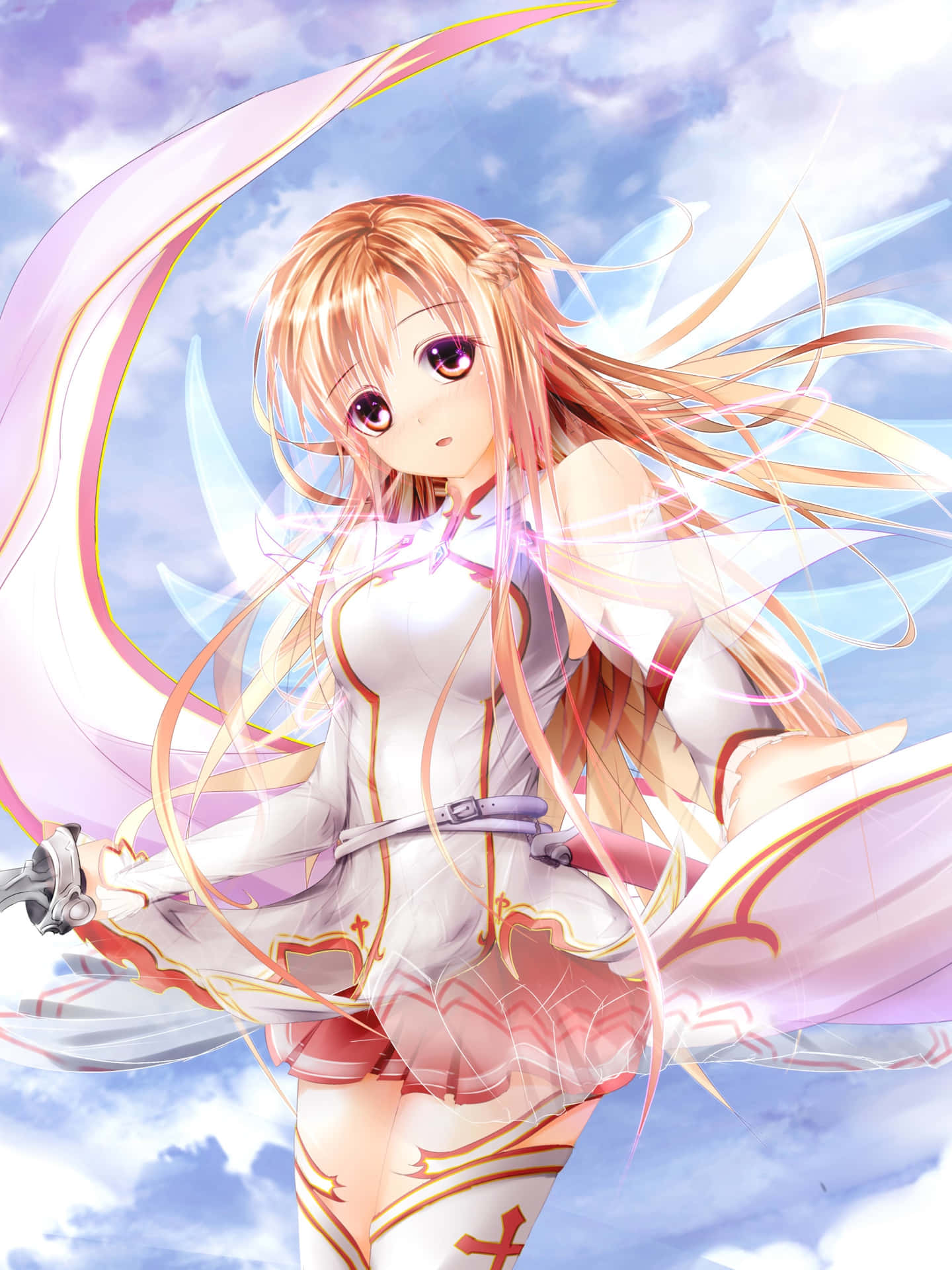 A Girl With Long Blonde Hair And Wings Flying In The Sky Background