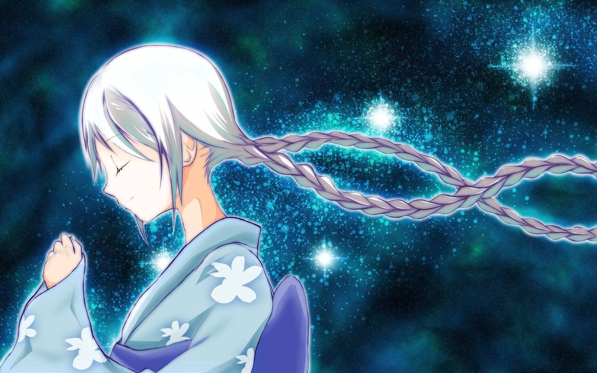 A Girl With Long Hair And A Braid In Front Of A Starry Sky Background