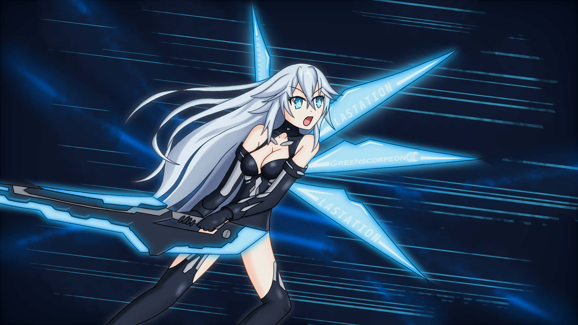 A Girl With Long Hair And Blue Eyes Holding A Sword