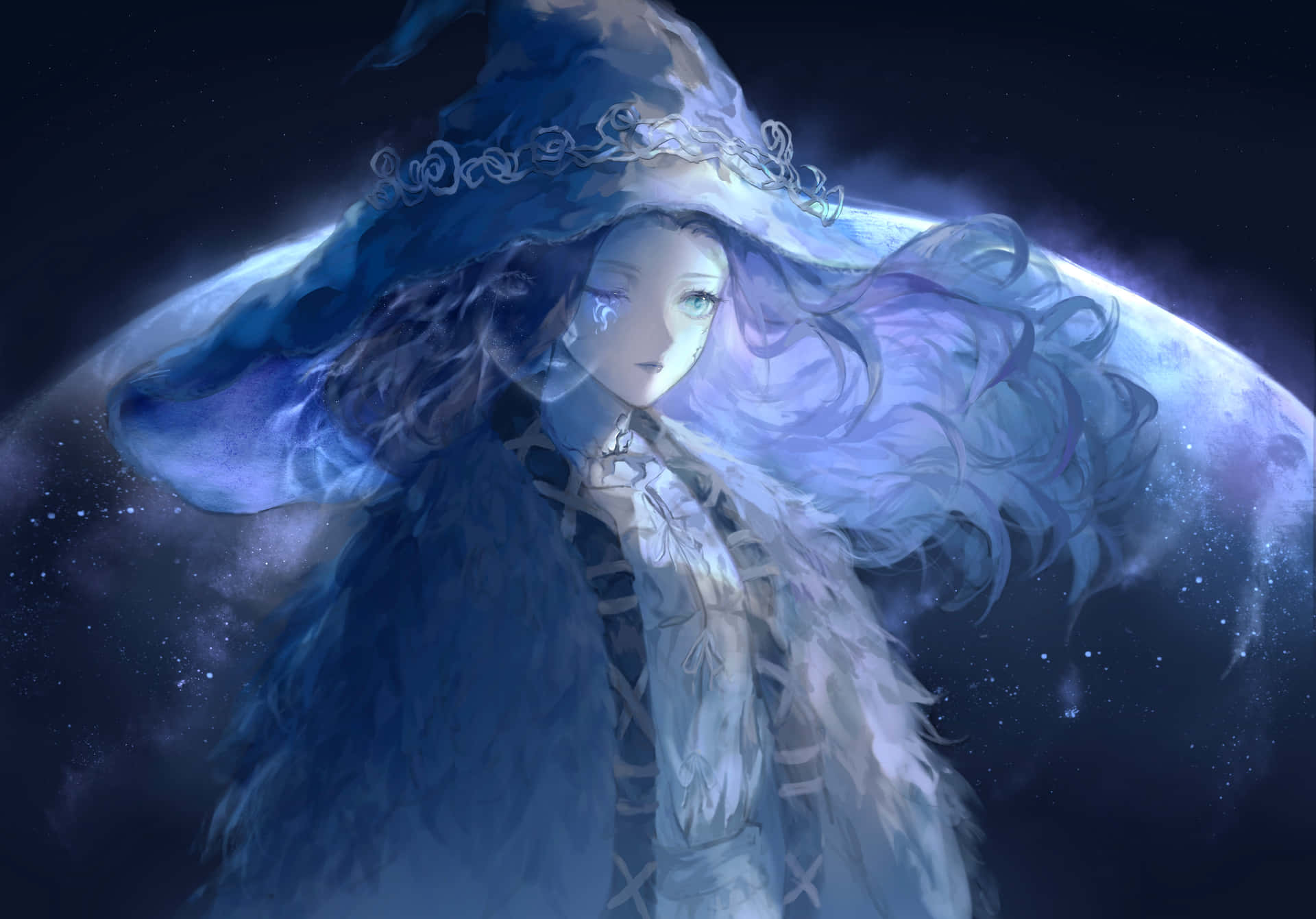 A Girl With Long Hair And Blue Hair Standing In Front Of The Moon Background