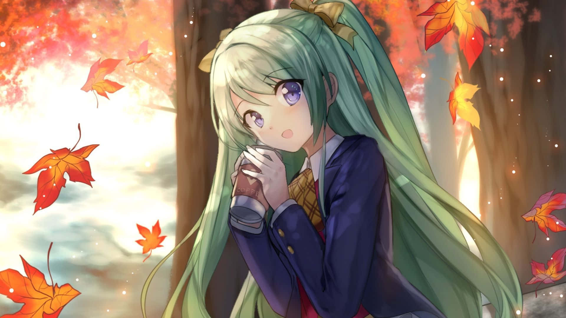 A Girl With Long Hair And Green Eyes Is Sitting In A Forest Background