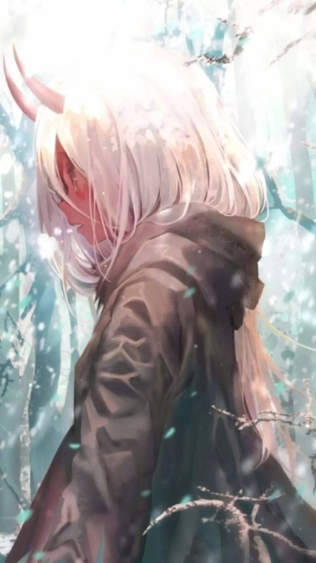 A Girl With Long Hair And Horns In The Snow Background