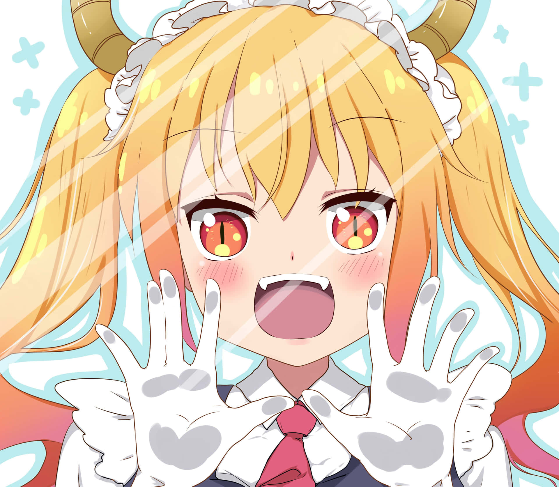 A Girl With Long Hair And Horns Is Holding Her Hands Up Background