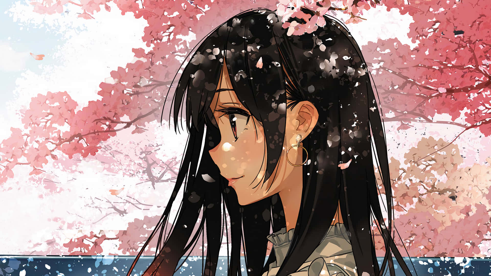 A Girl With Long Hair And Pink Blossoms Background