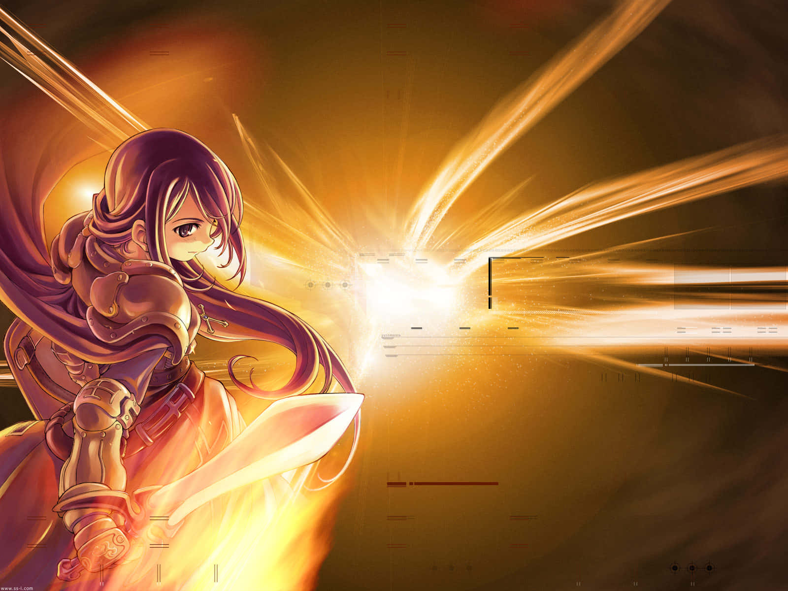A Girl With Long Hair And Purple Hair Is Holding A Sword Background