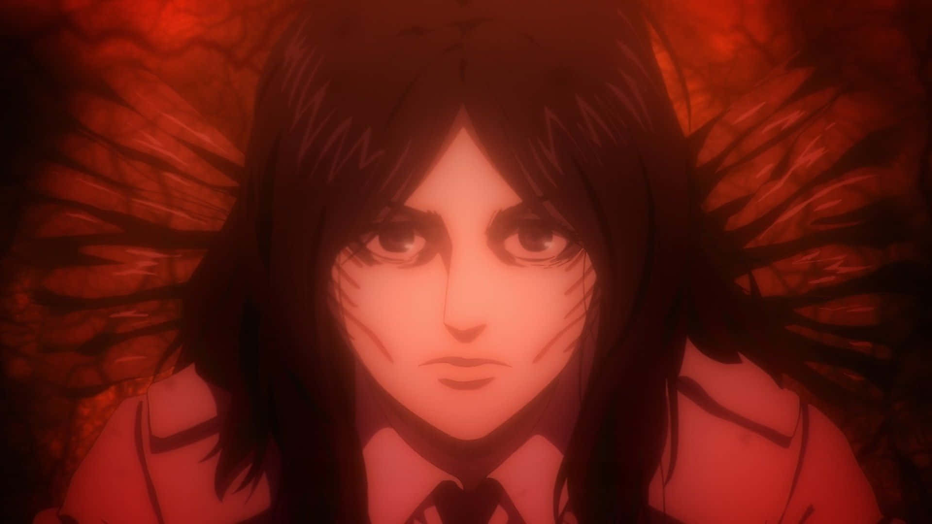 A Girl With Long Hair And Red Eyes Background