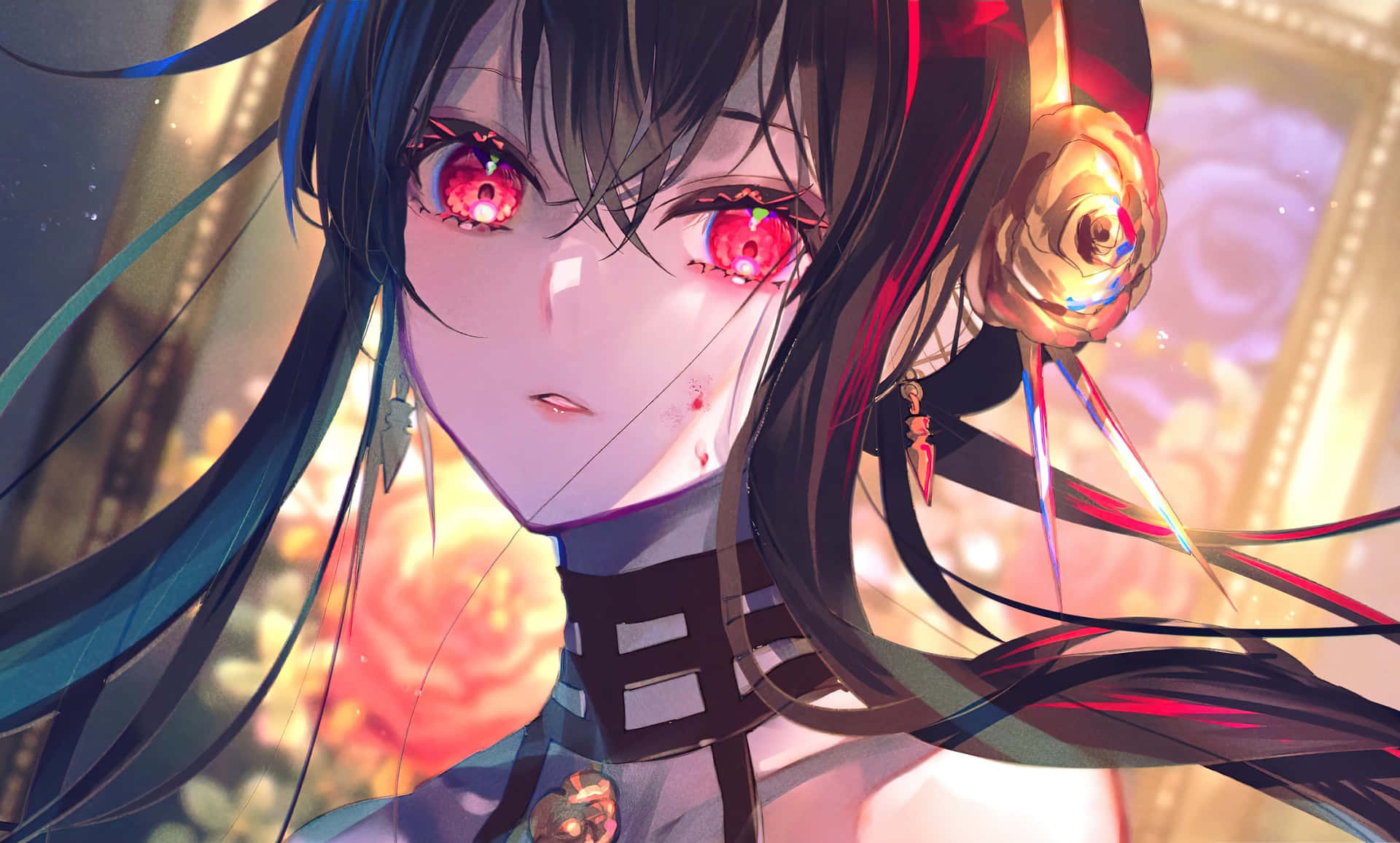 A Girl With Long Hair And Red Eyes Background