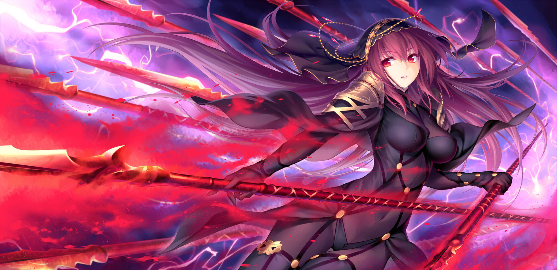 A Girl With Long Hair And Red Hair Holding Two Swords Background