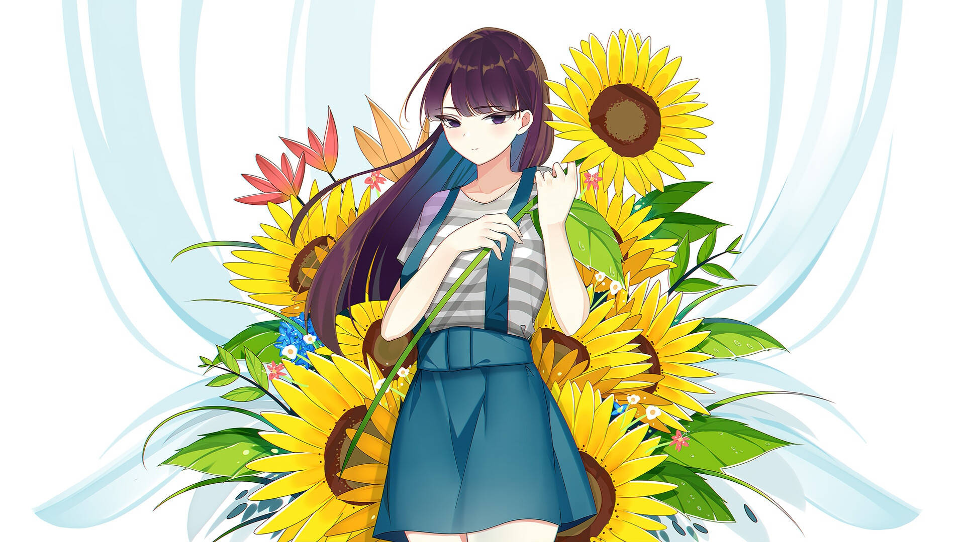 A Girl With Long Hair And Sunflowers Background