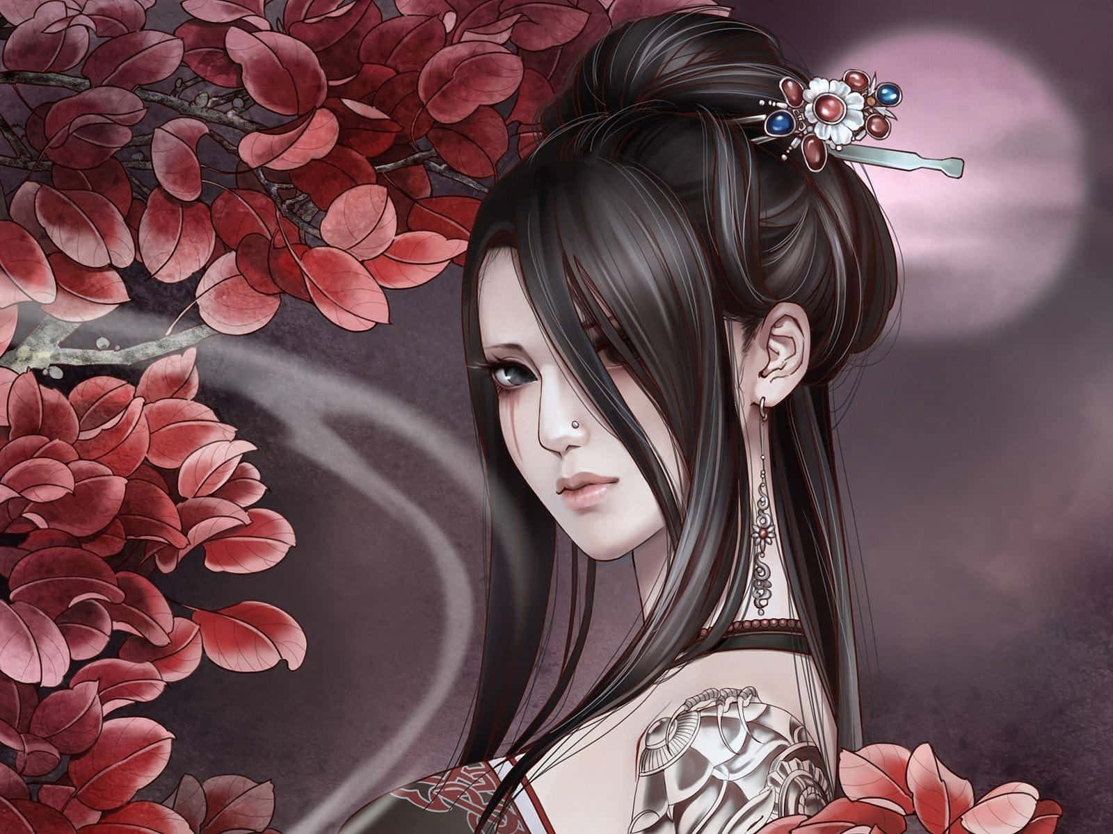 A Girl With Long Hair And Tattoos In A Red Dress Background
