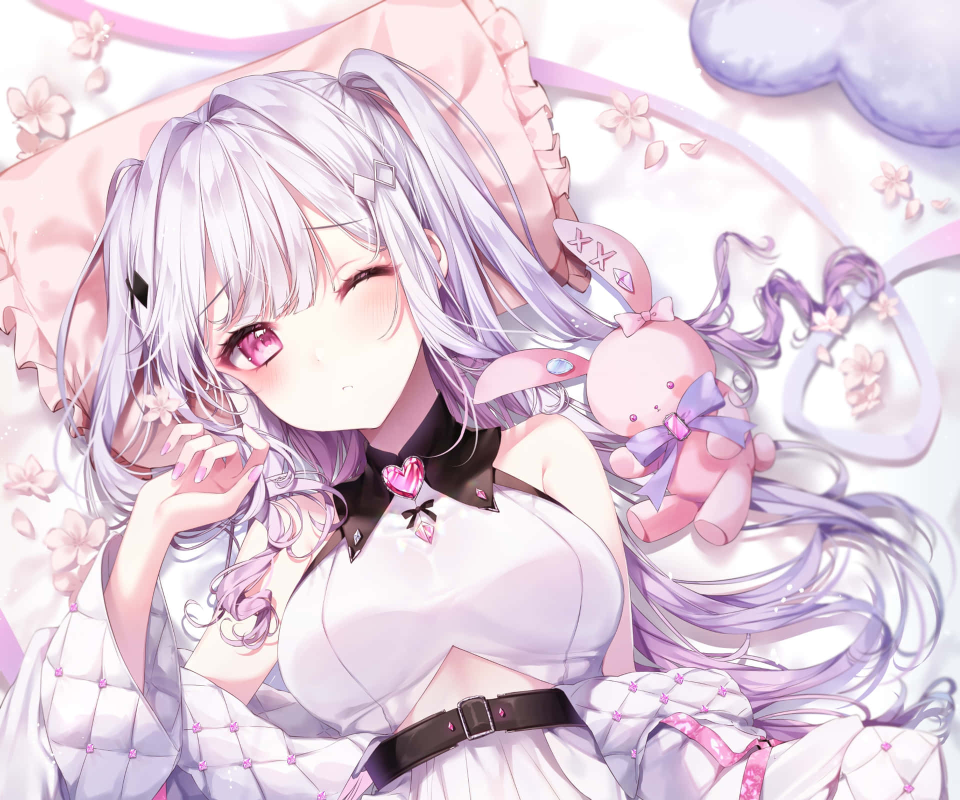 A Girl With Long Hair And White Clothes Laying Down Background