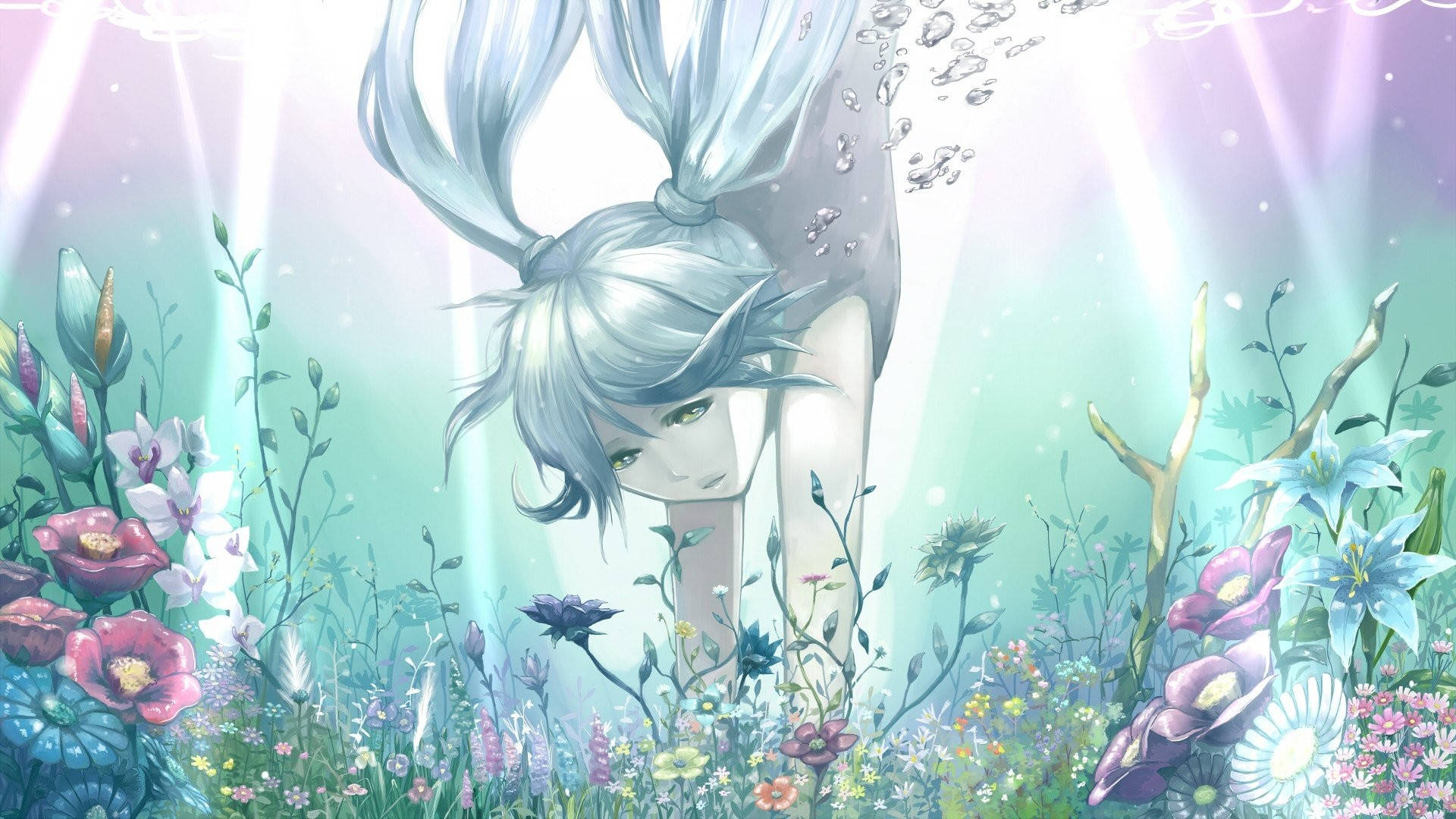 A Girl With Long Hair Is Floating In A Field Of Flowers Background