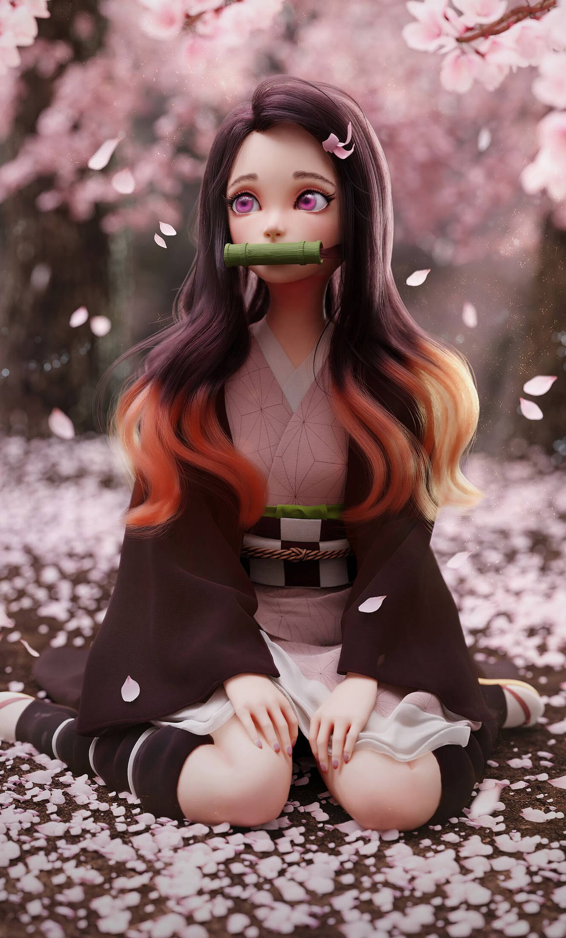 A Girl With Long Hair Sitting In A Field Of Cherry Blossoms Background