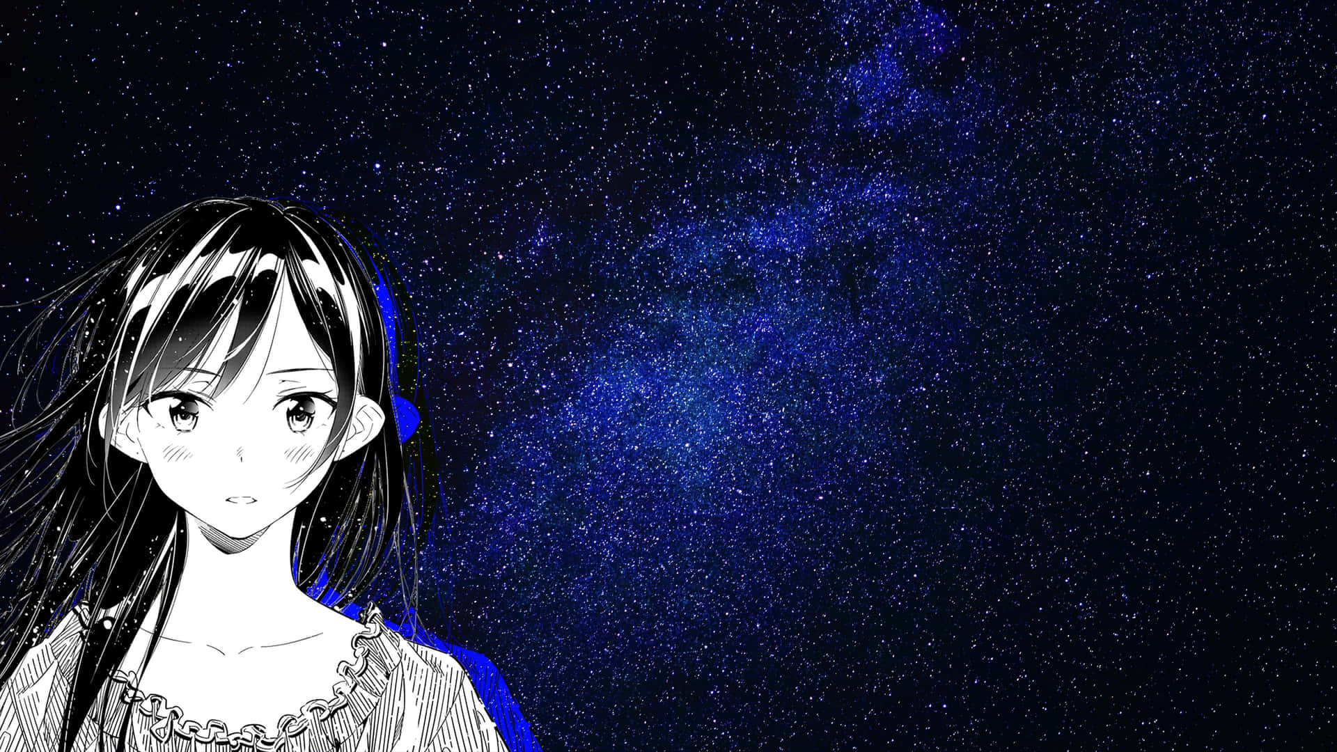 A Girl With Long Hair Standing In Front Of A Starry Sky Background
