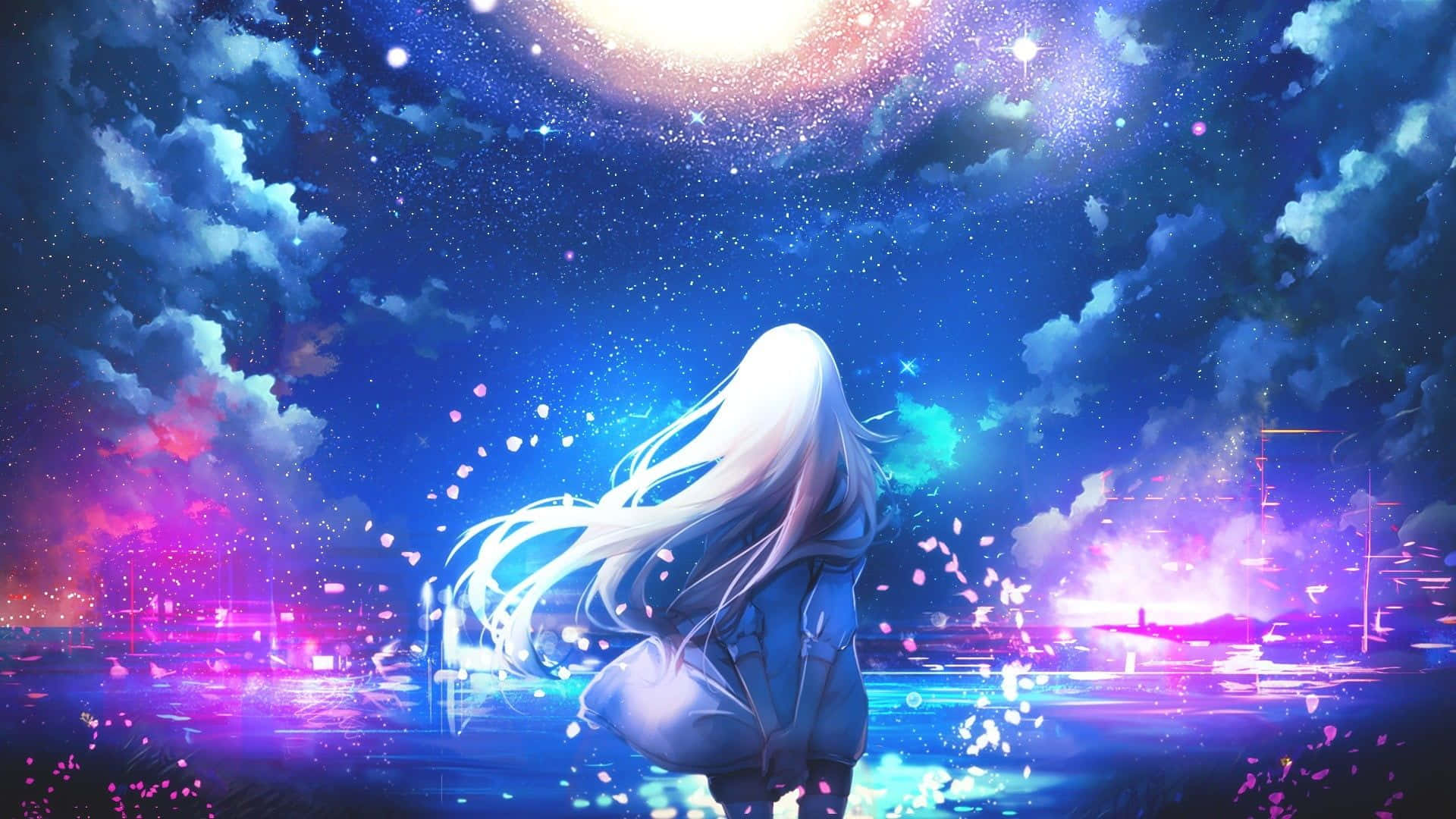 A Girl With Long Hair Standing In The Water With A Starry Sky Background