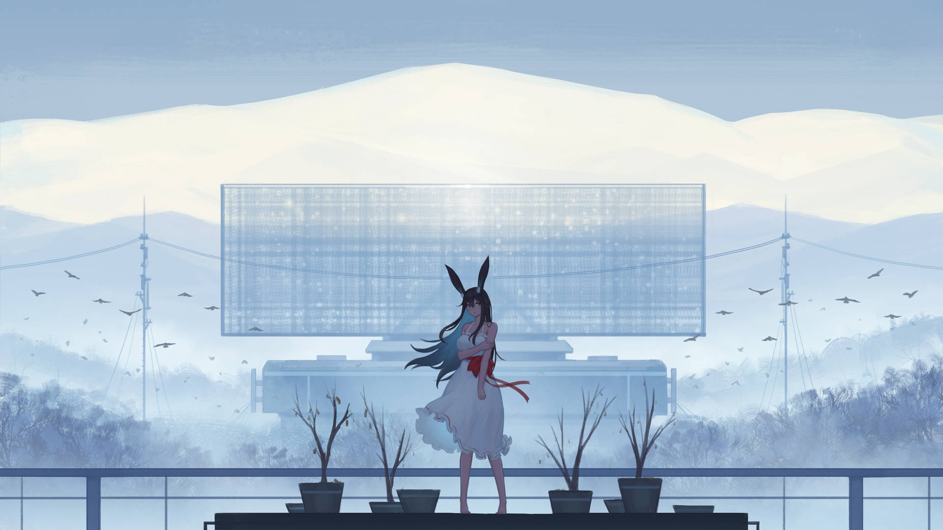 A Girl With Long Hair Standing On A Balcony Looking At The Mountains Background