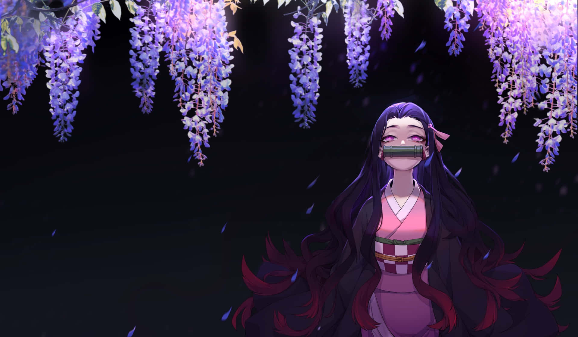 A Girl With Long Hair Standing Under Purple Flowers Background