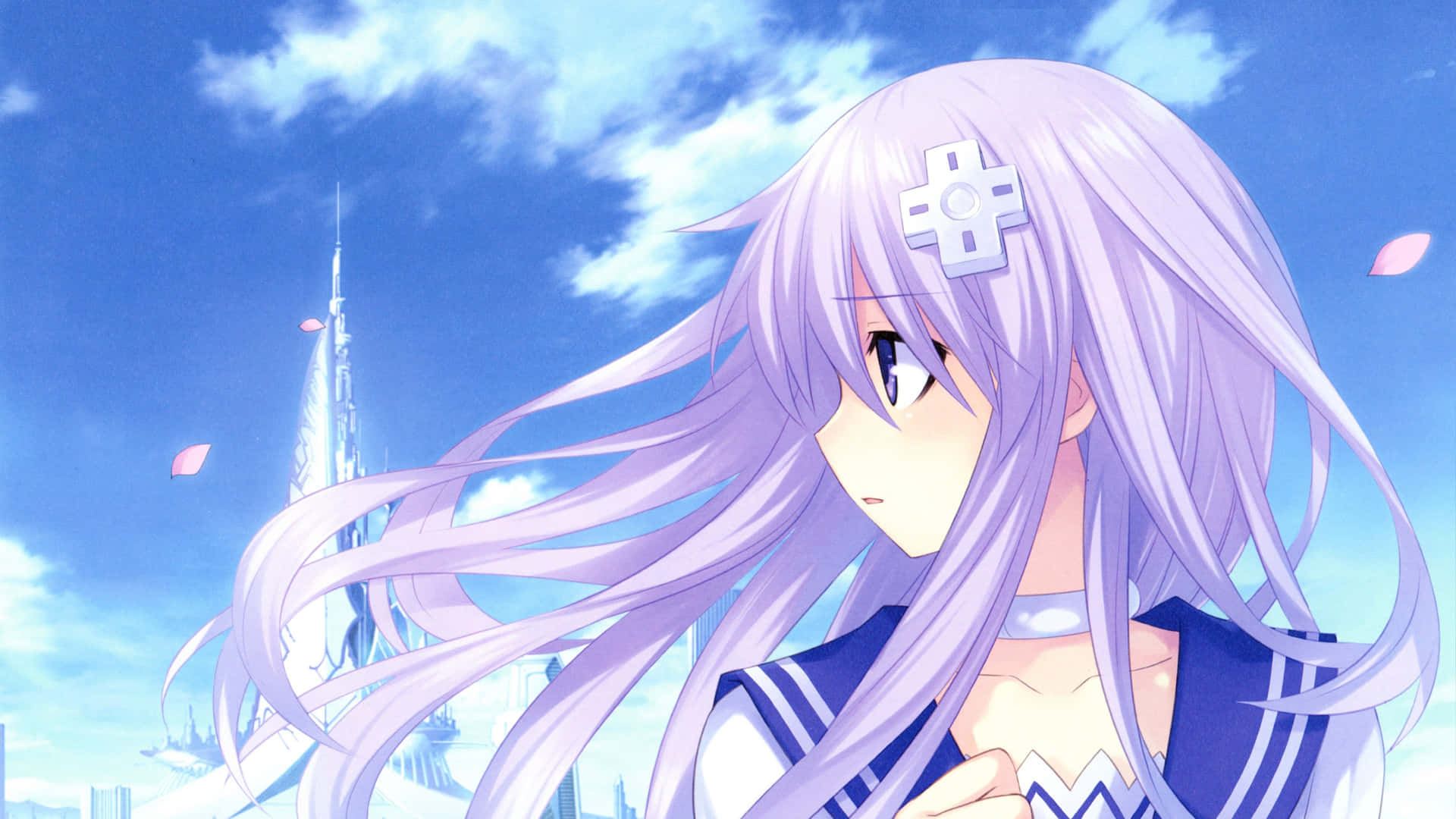 A Girl With Long Purple Hair Is Standing In Front Of A City