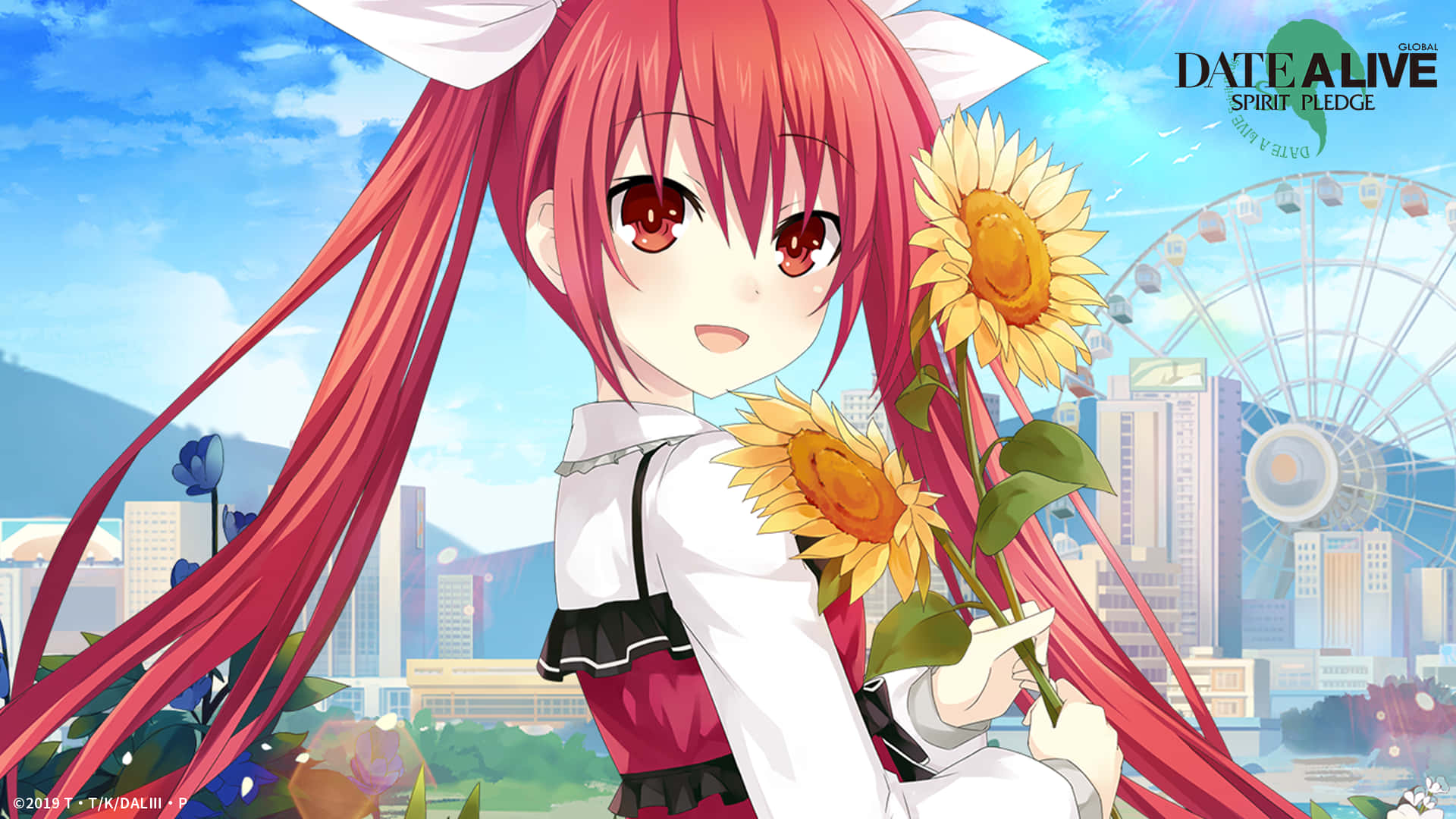 A Girl With Long Red Hair Holding Sunflowers Background