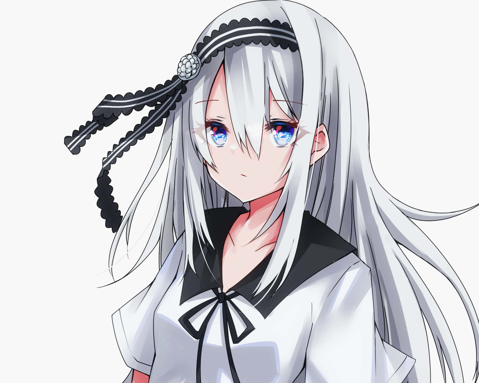 A Girl With Long White Hair And Black Bow Background