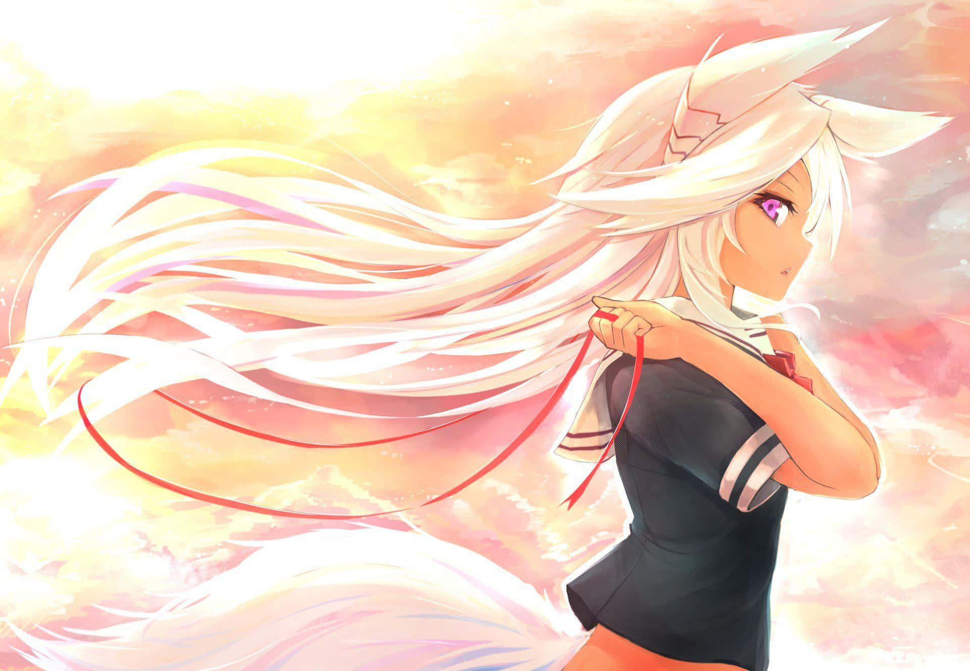 A Girl With Long White Hair Is Holding A Red String Background