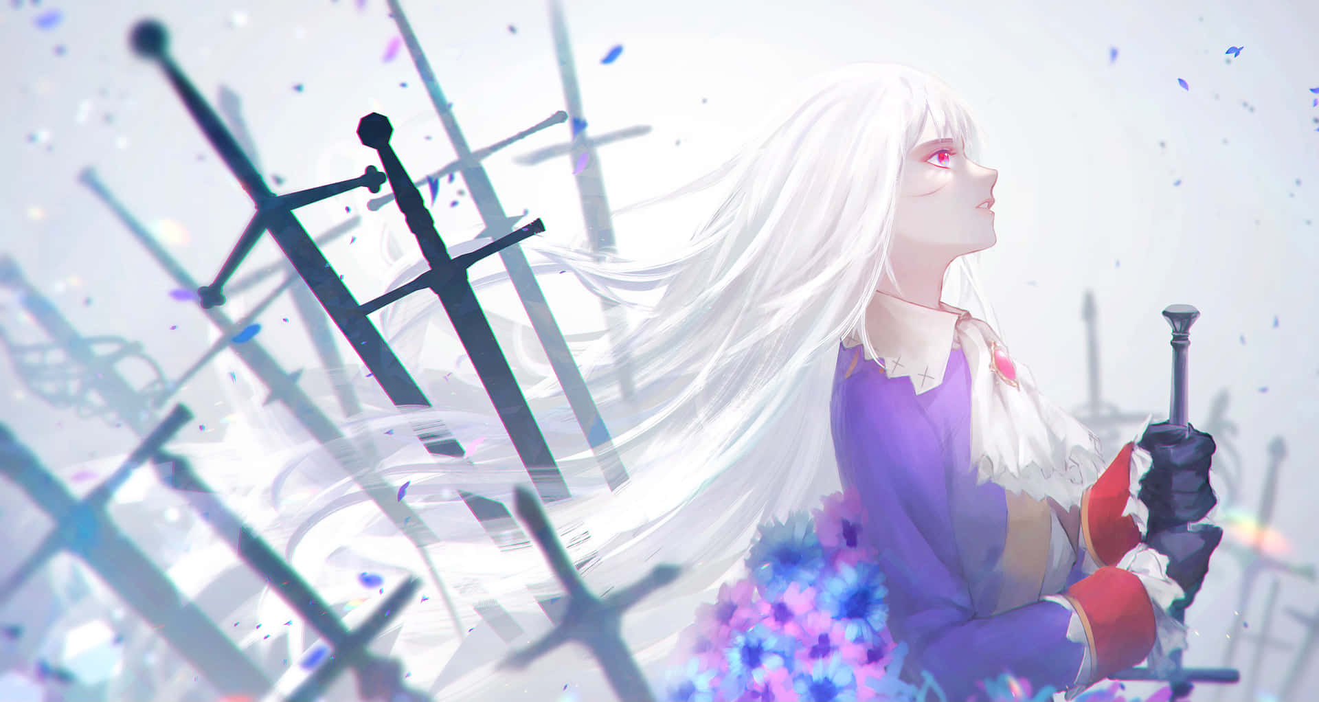 A Girl With Long White Hair Is Holding Swords