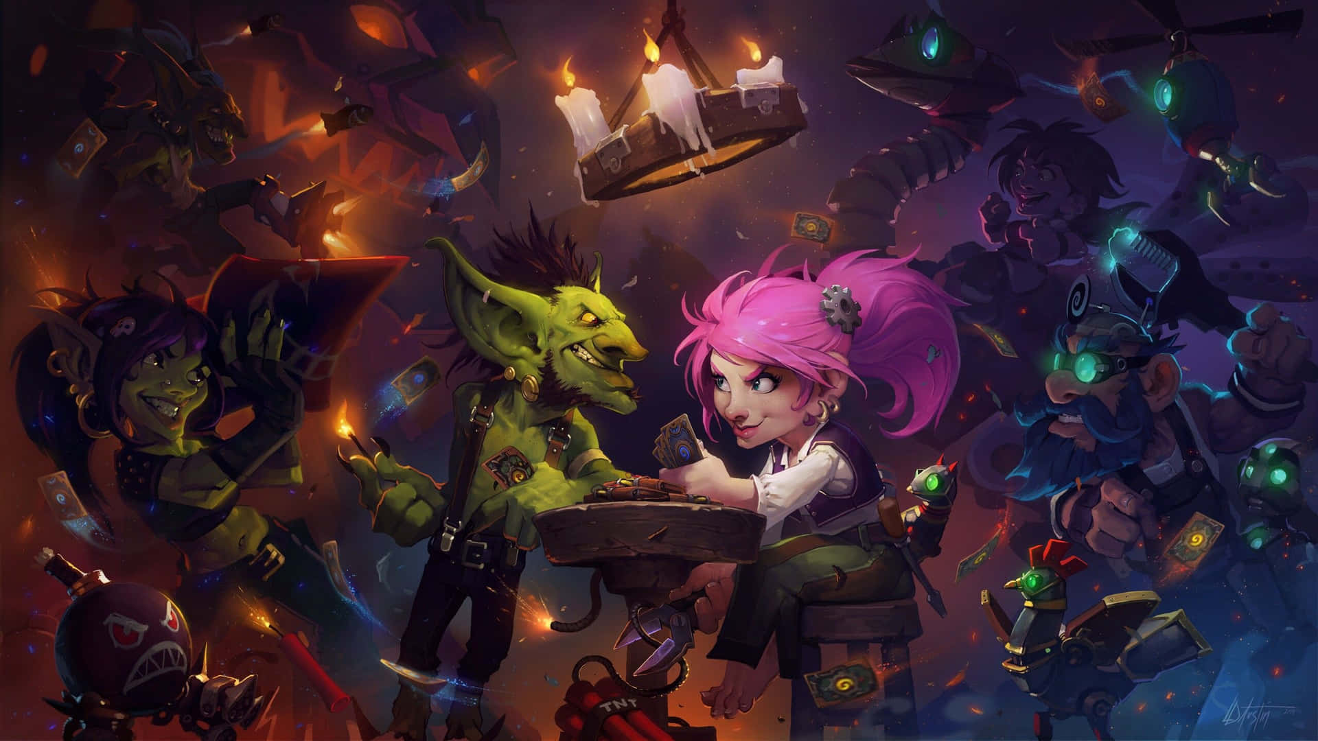 A Girl With Pink Hair And A Group Of Other Characters Background