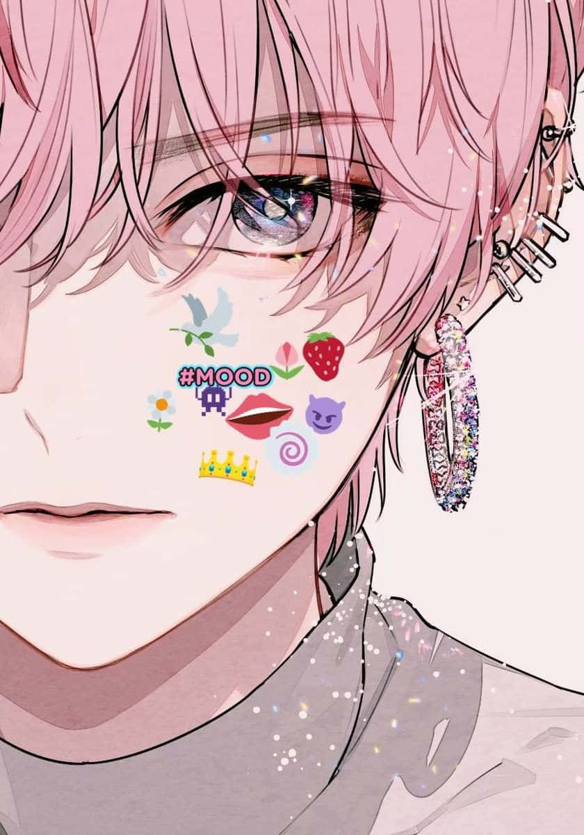 A Girl With Pink Hair And A Lot Of Stickers On Her Face Background