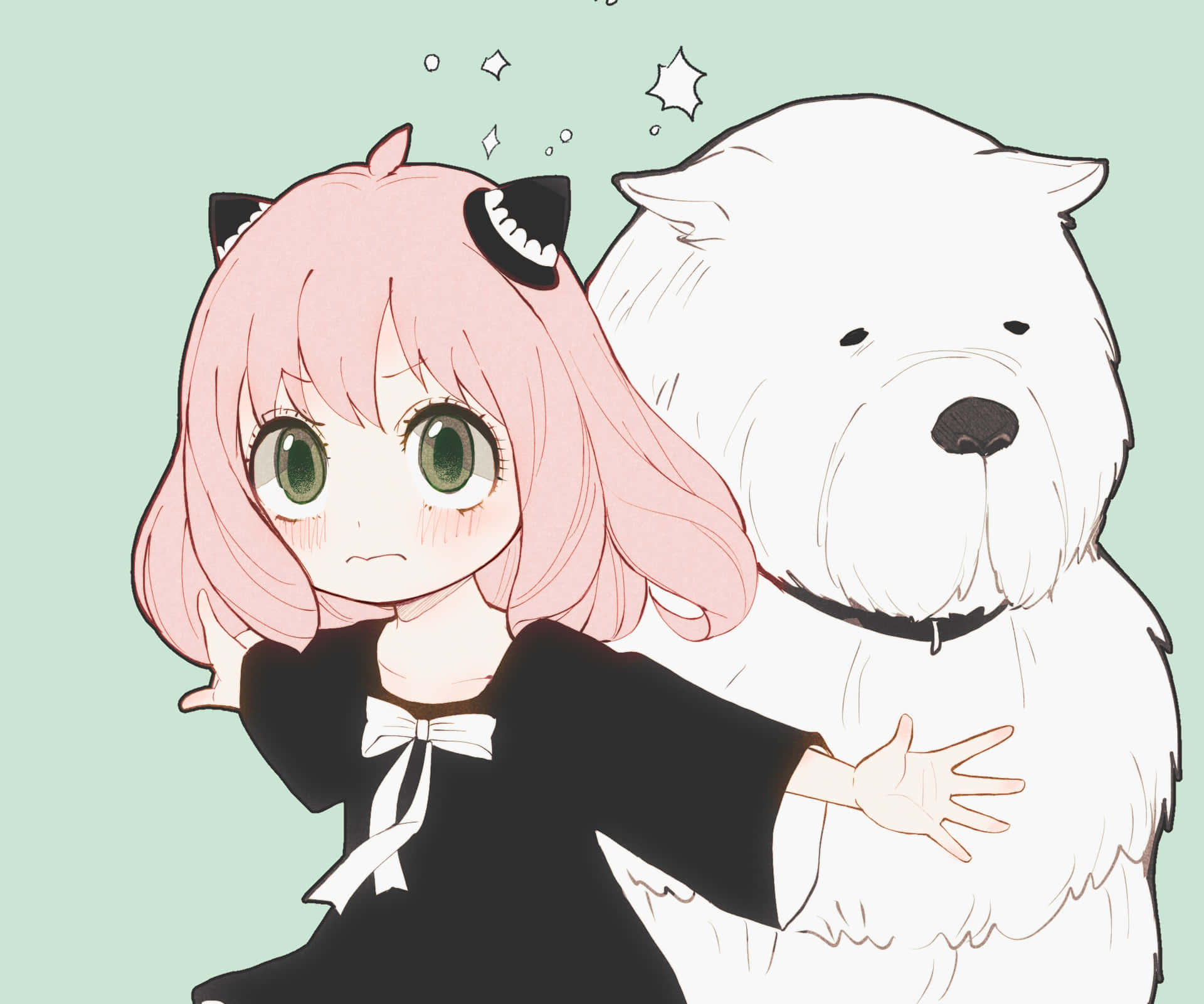 A Girl With Pink Hair And A White Dog Background