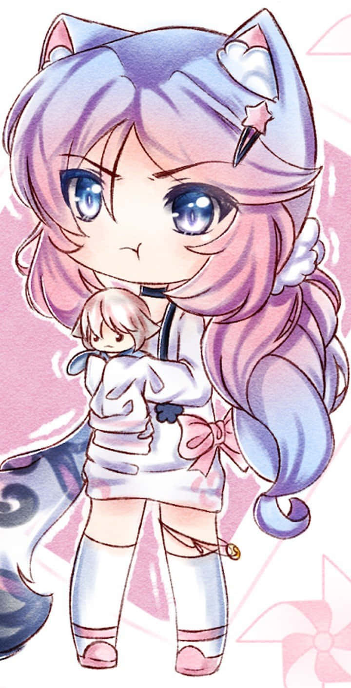 A Girl With Pink Hair And Blue Eyes Holding A Kitten Background